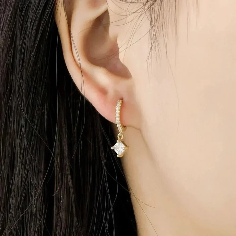 Sterling Silver Hoop Princess Cut Diamond Earrings